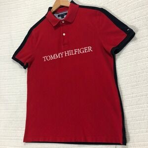 Tommy Hilfiger Polo Shirt Big Logo Short Sleeve Casual Top‎ Red L